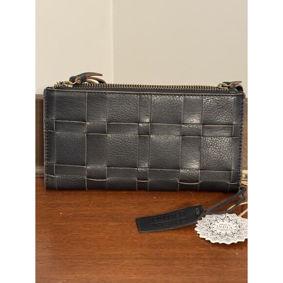 Leather wallet Made in India Soft Double Zippers Woven Double Snap NWT - Picture 2 of 9